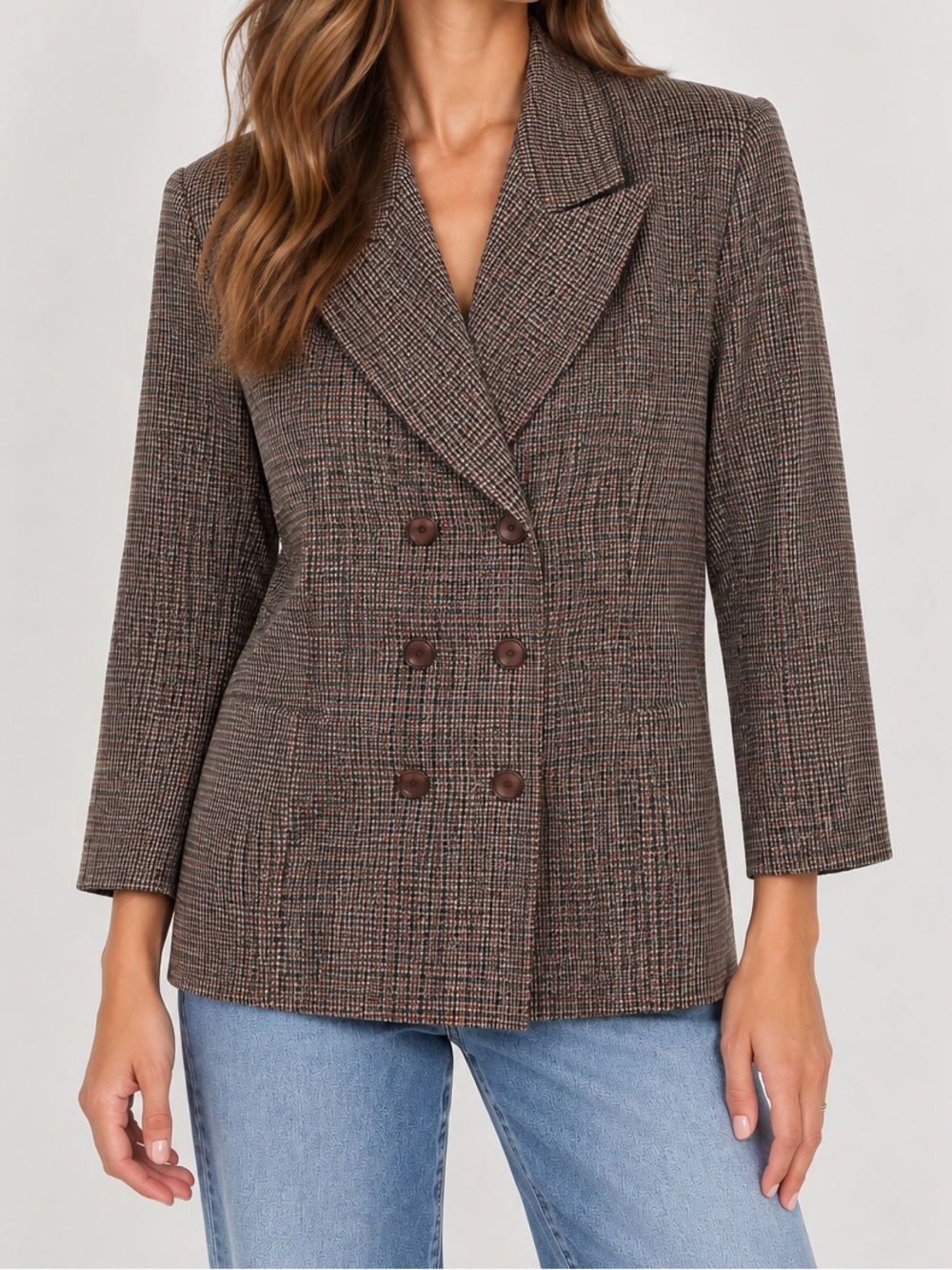 Vintage 90s Double Breasted Blazer Houndstooth Print Brown Red Women's 12
